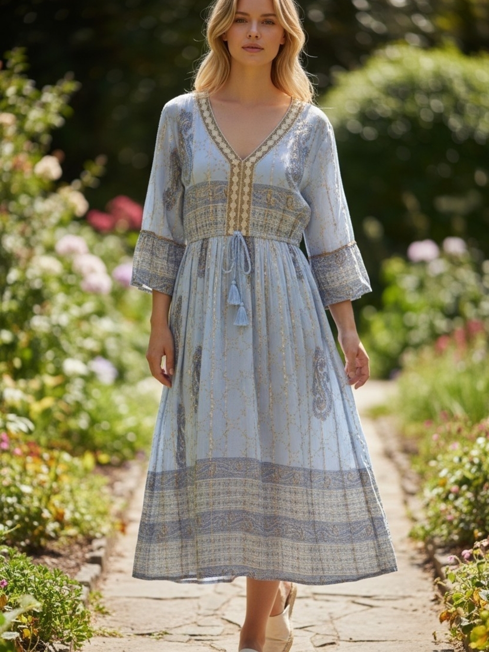 Bohemian Light Blue Tassel Midi Dress
